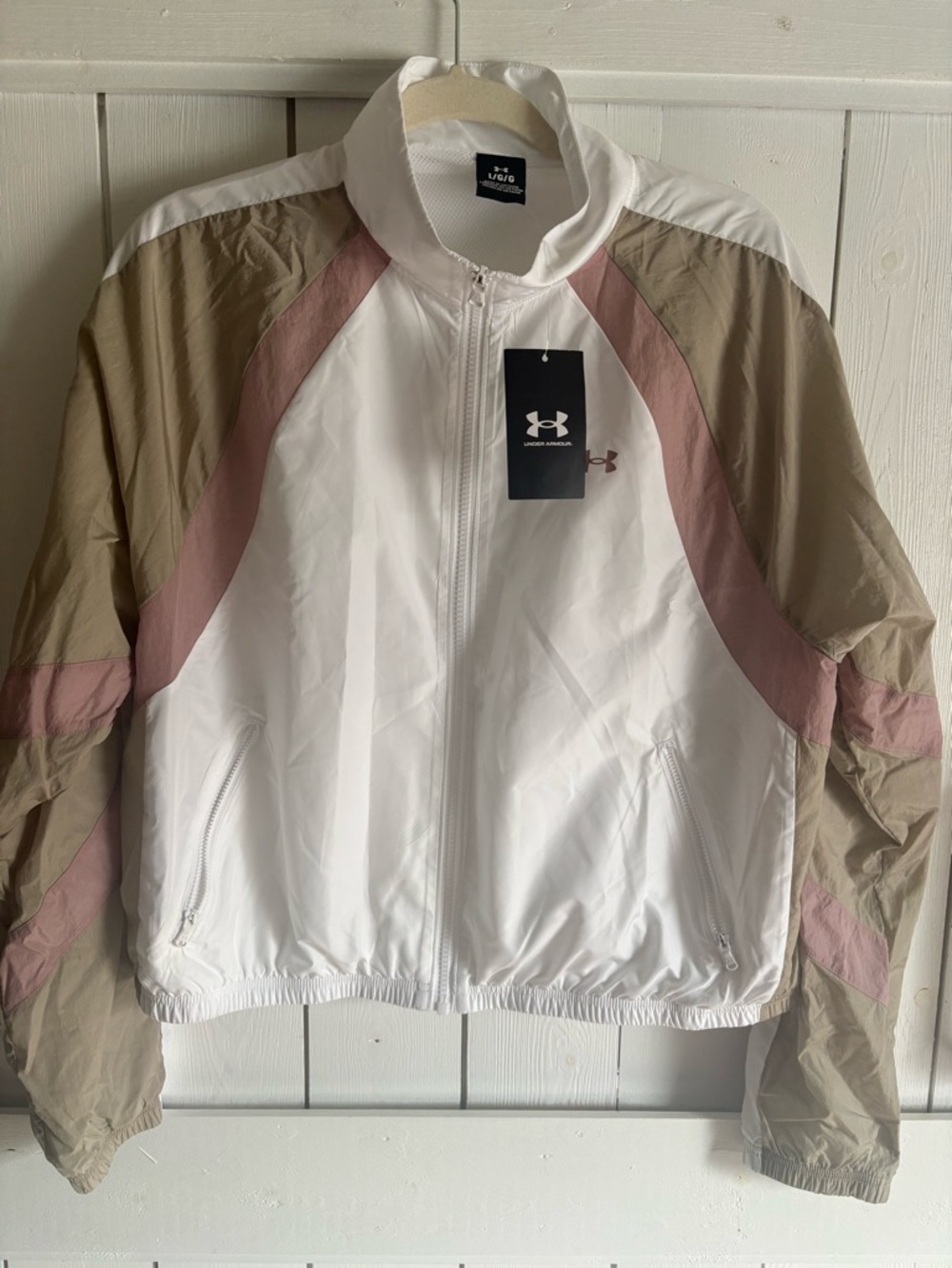 Under Armour White Windbreaker Jacket with Pink & Tan Panels